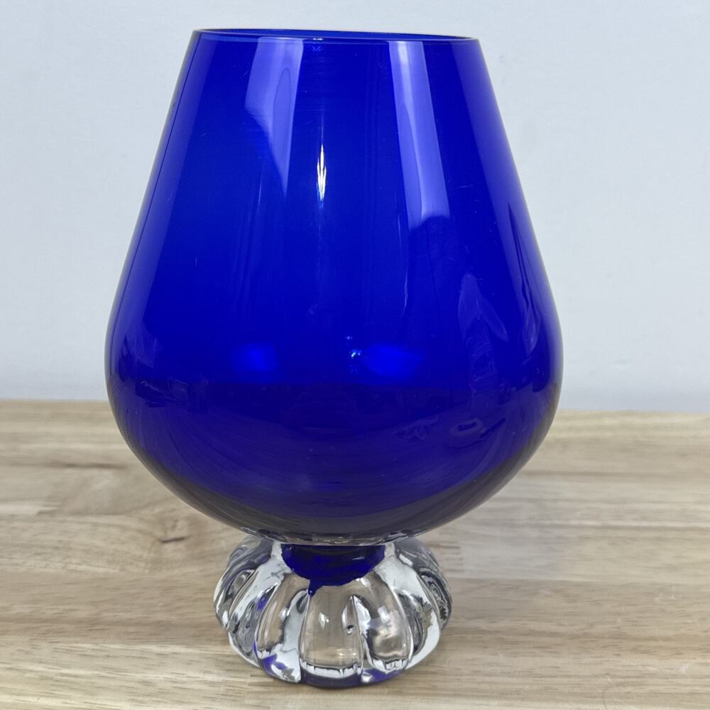 VTG Empoli Cobalt Blue Glass Snifter 7” Brandy Glass Vase Ribbed Pedestal Base